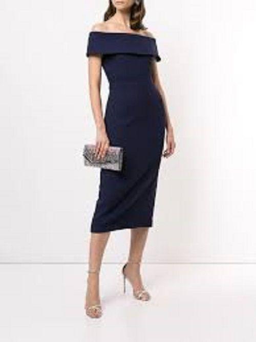Rebecca Valance Navy Amore Bardot Midi Dress