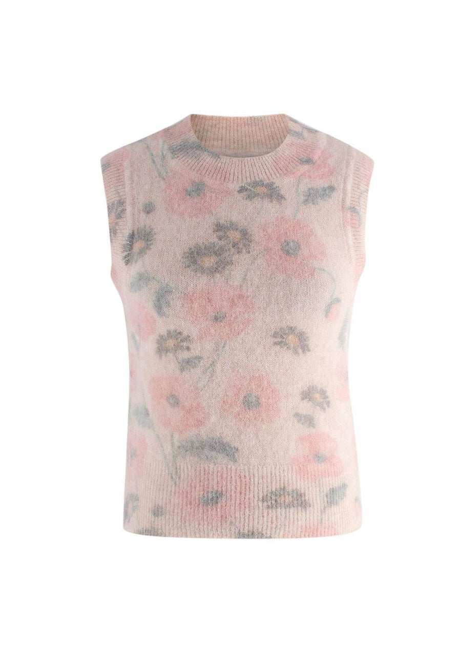 Sandro Pink Floral Mohair Blend Sweater Vest