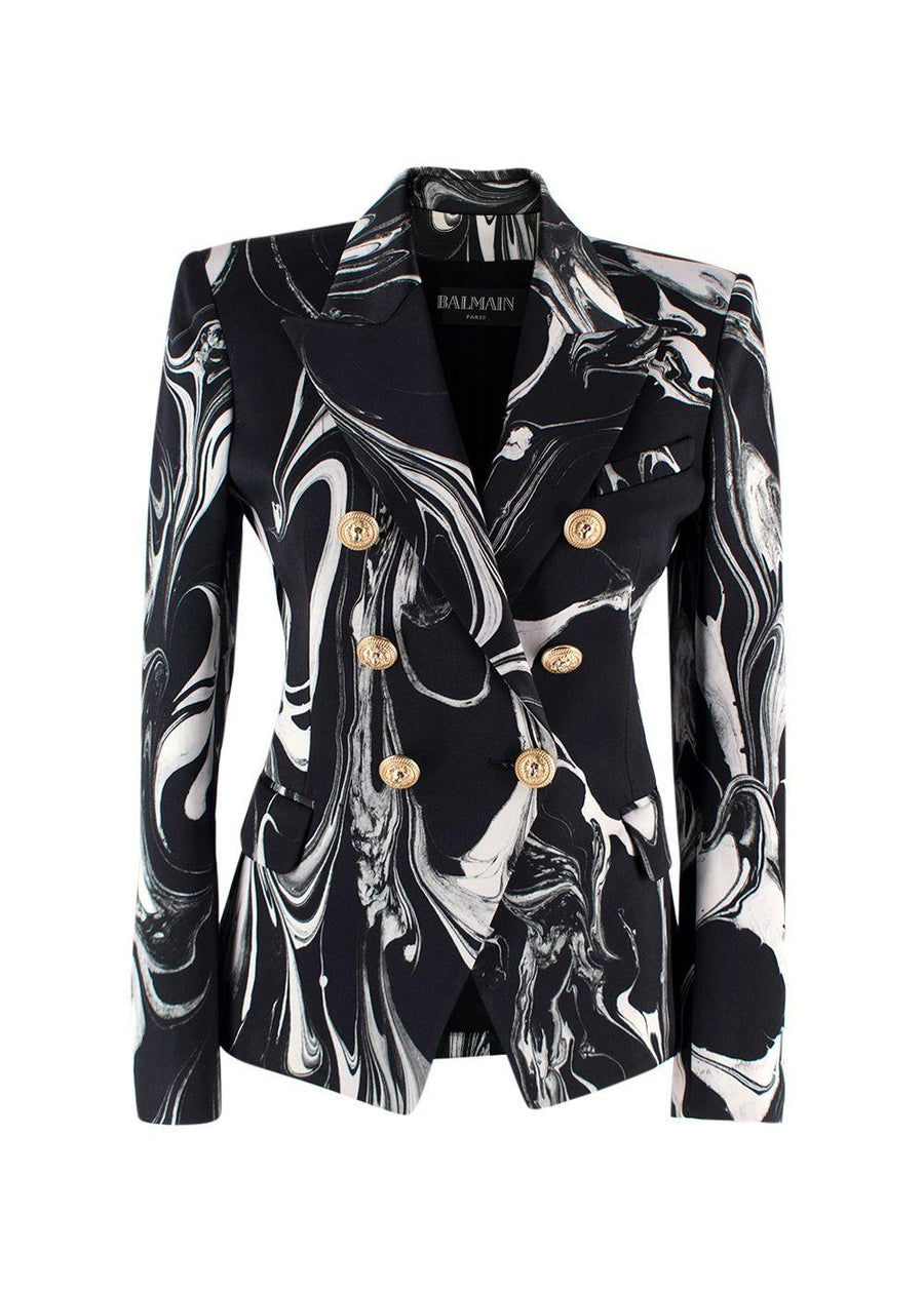Balmain Black Marble Printed Satin Double Breasted Blazer