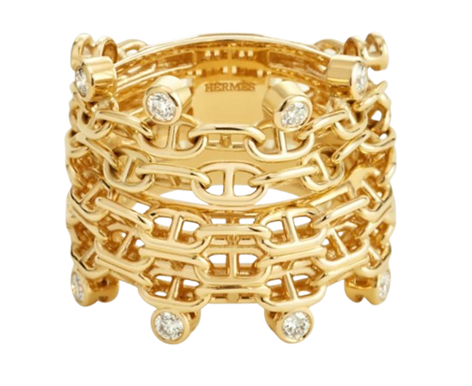 Hermés Yellow Gold Chaine D'Ancre Calypso Ring Set with Diamonds Size 53
