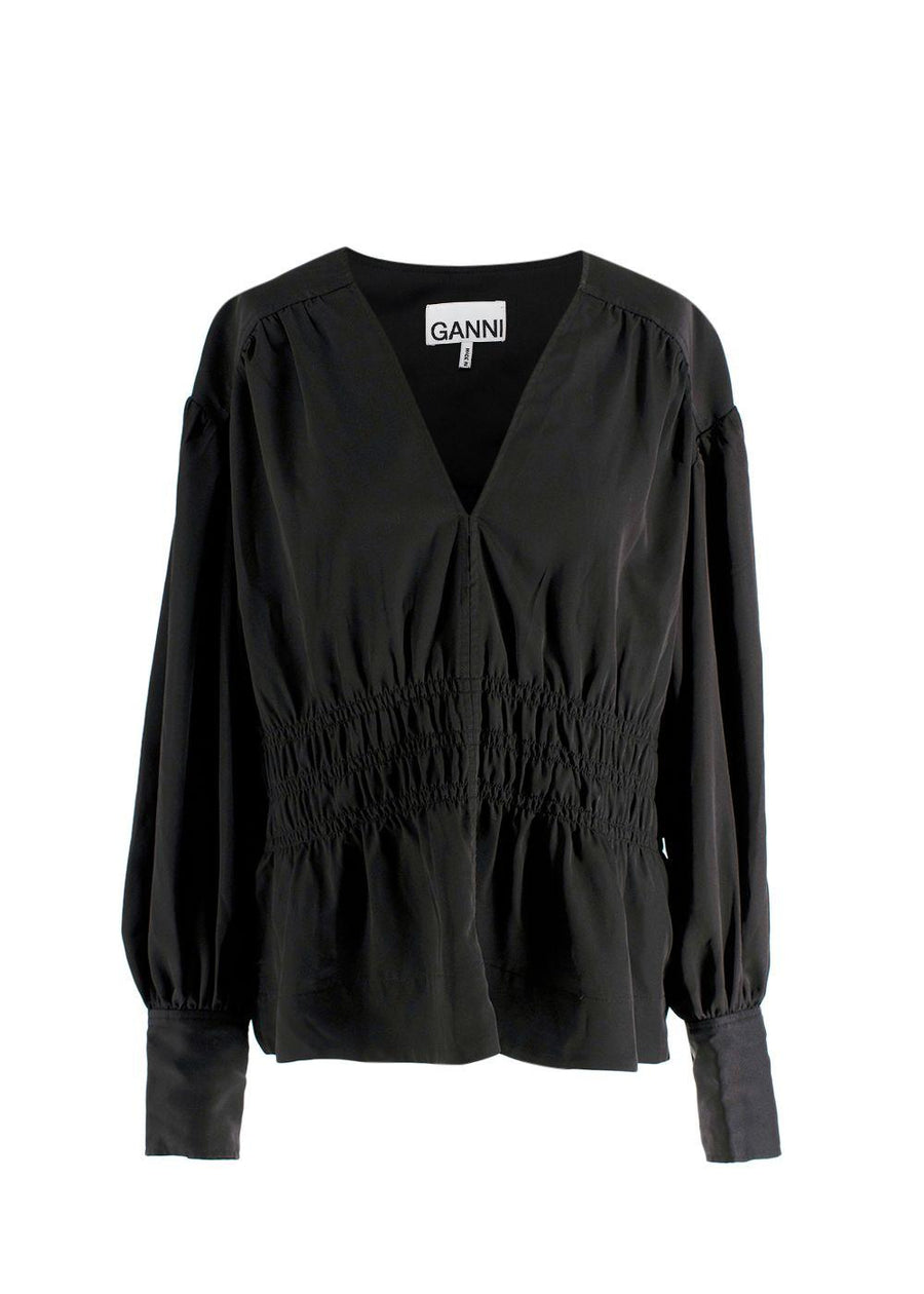 Ganni Black V Neck Ruched Blouse