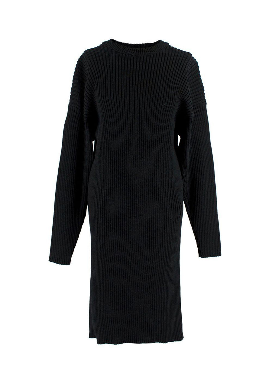 Open Back Black Ribbed Merino Wool Jumper Dress