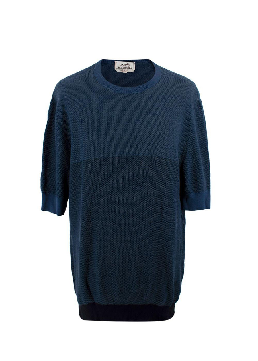 Hermes Blue Two-tone Knitted Cotton T-Shirt