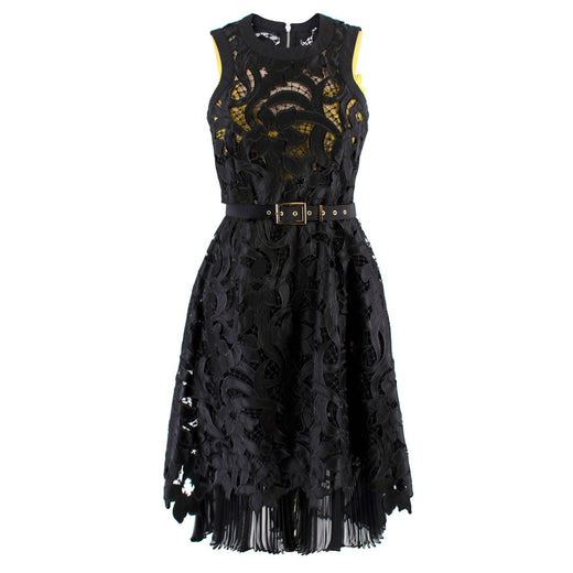 Sacai Black & Yellow Belted Floral Lace Dress