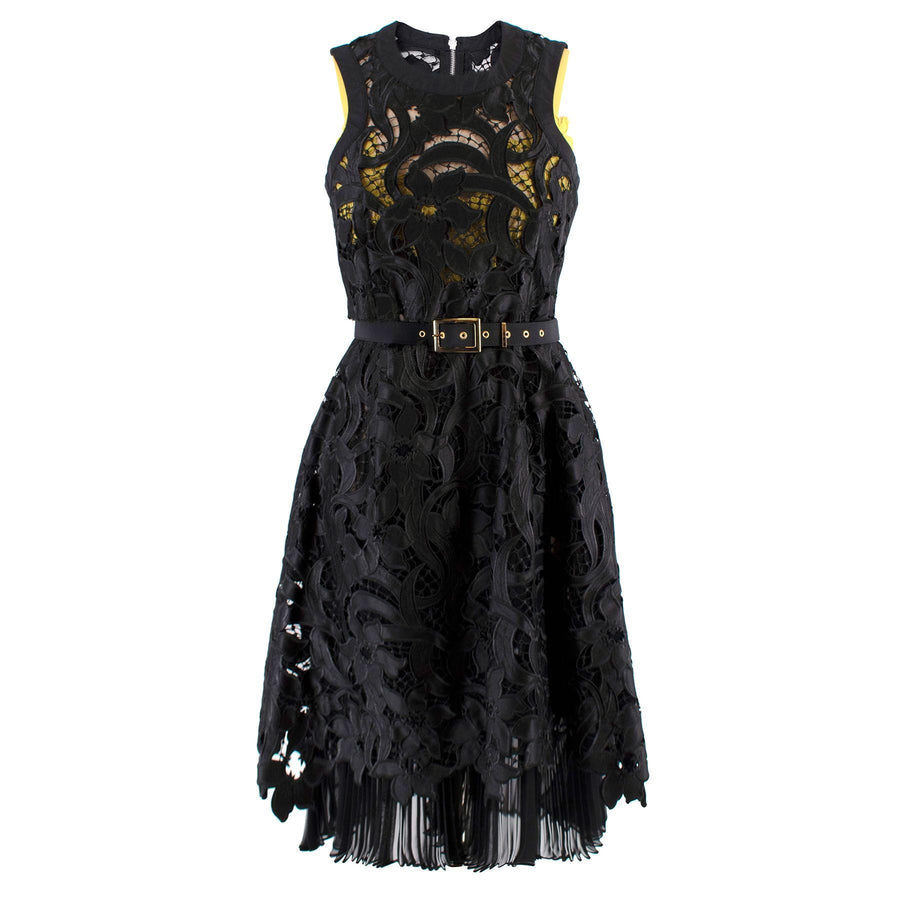 Sacai Black & Yellow Belted Floral Lace Dress
