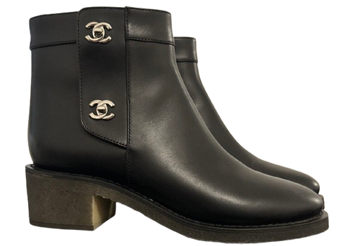Chanel Black Interlocking CC Logo Ankle Boots