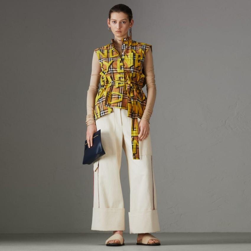 Burberry Yellow Sleeveless Graffiti Print Check Cotton Shirt
