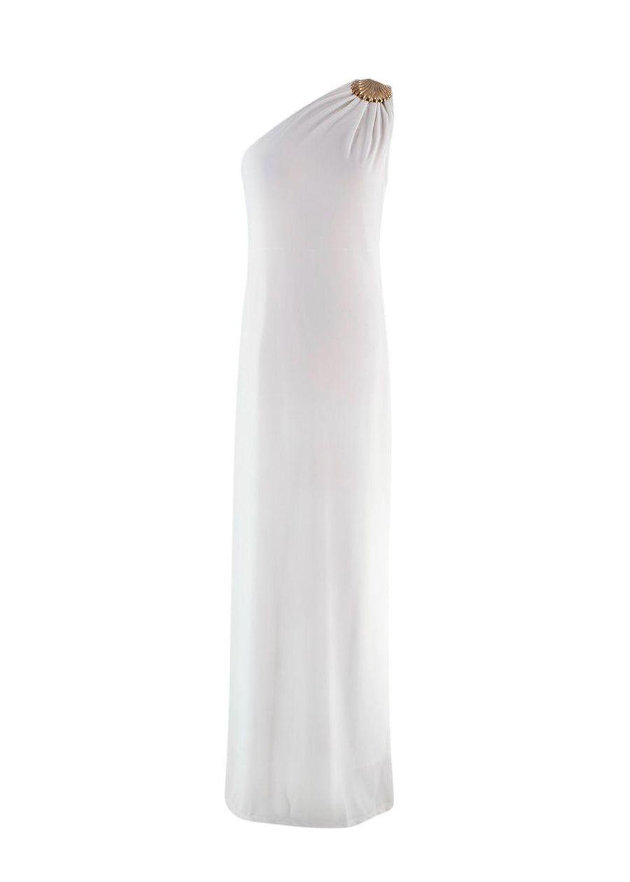 Elena Makri White One Shoulder Maxi Dress with Gold Shell Detail