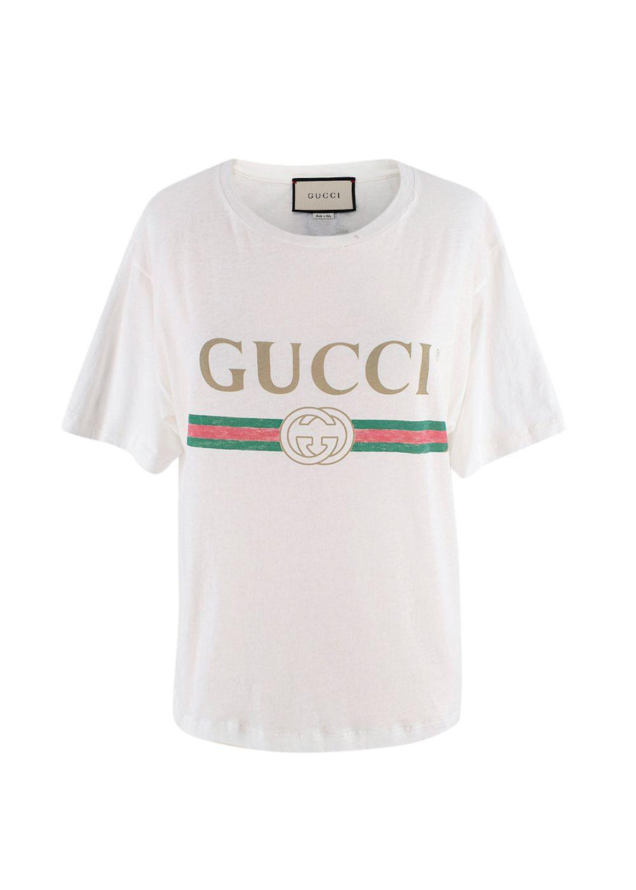 Gucci White Washed Logo Distressed Neckline T-Shirt