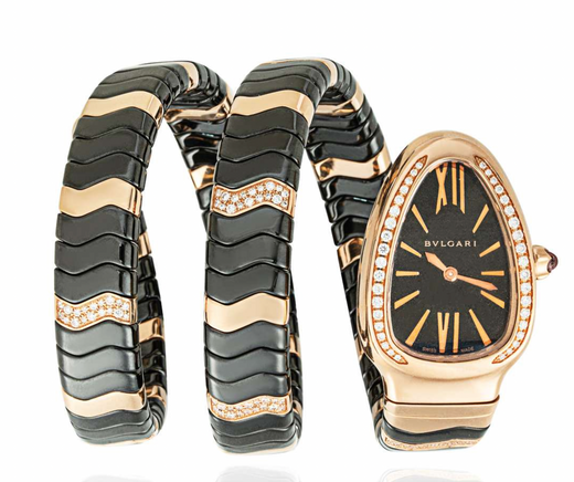 Bvlgari Black Ceramic 18K Rose Gold Diamond Serpenti Spiga Watch