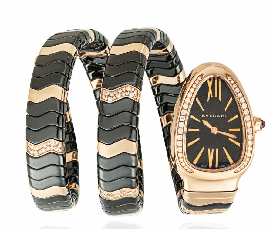 Bvlgari Black Ceramic 18K Rose Gold Diamond Serpenti Spiga Watch
