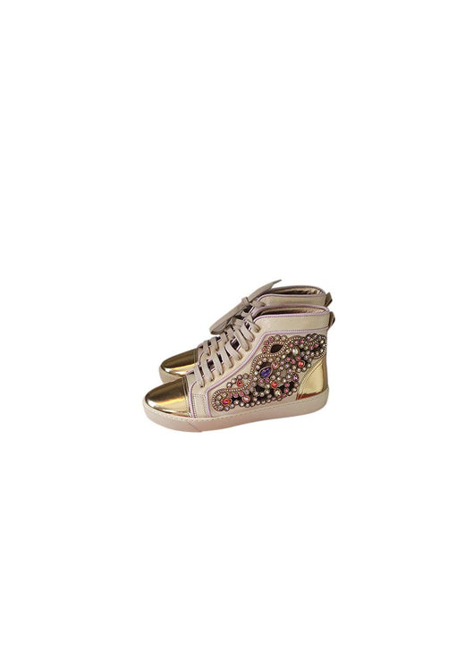 Metallic gold leather & crystal cut-out trainers