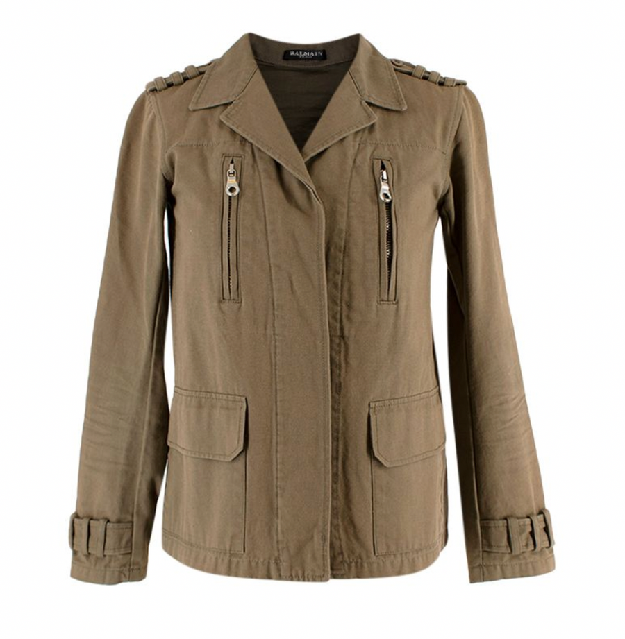Balmain Khaki Embellished Cotton Military Jacket