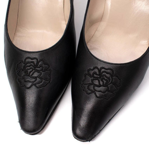 Chanel Black Leather Camellia Embroidered Vintage Pumps
