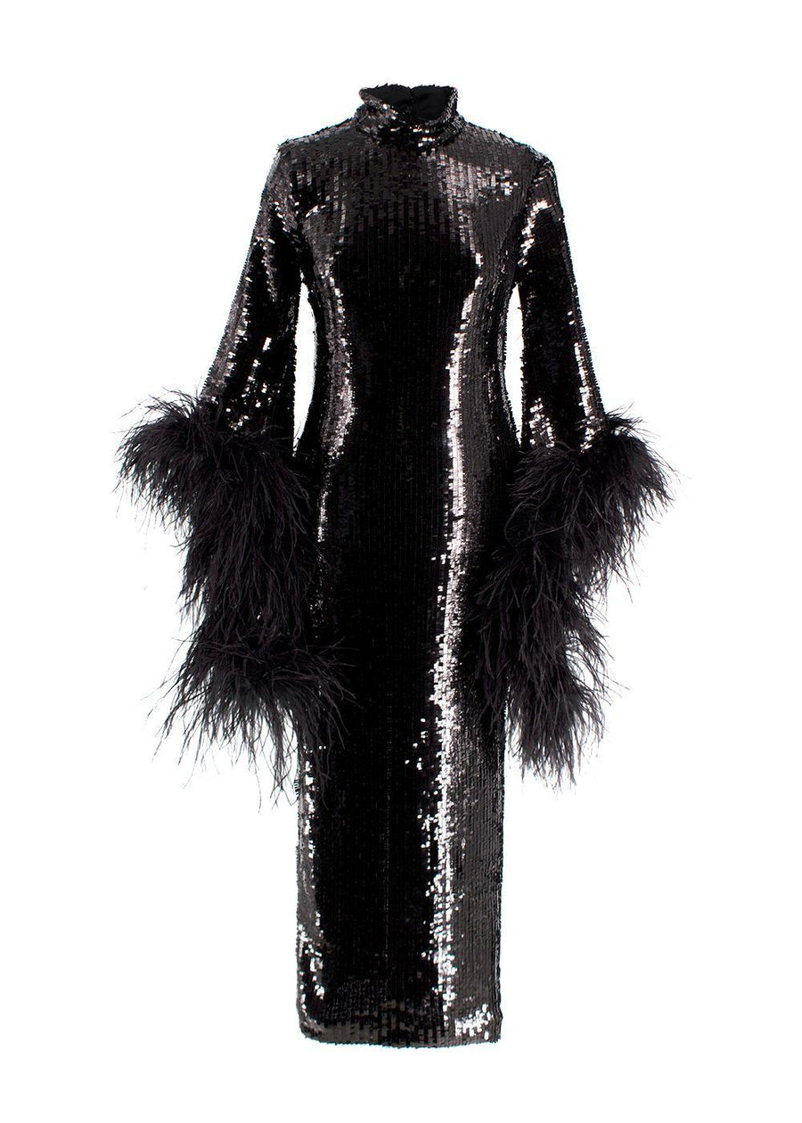 Taller Marmo Black Sequin Gown with Feather Trim