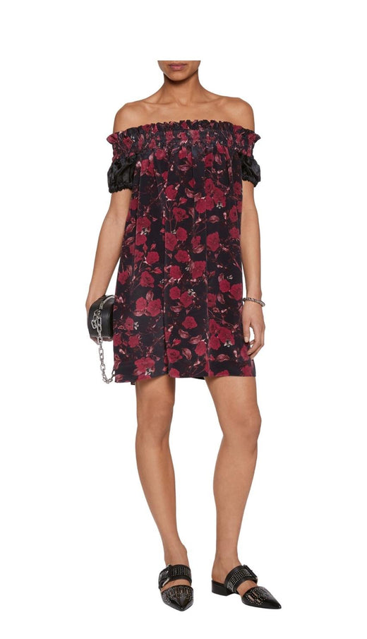 Mother of Pearl Silk-Satin Off-the-Shoulder Rose-Print Dress