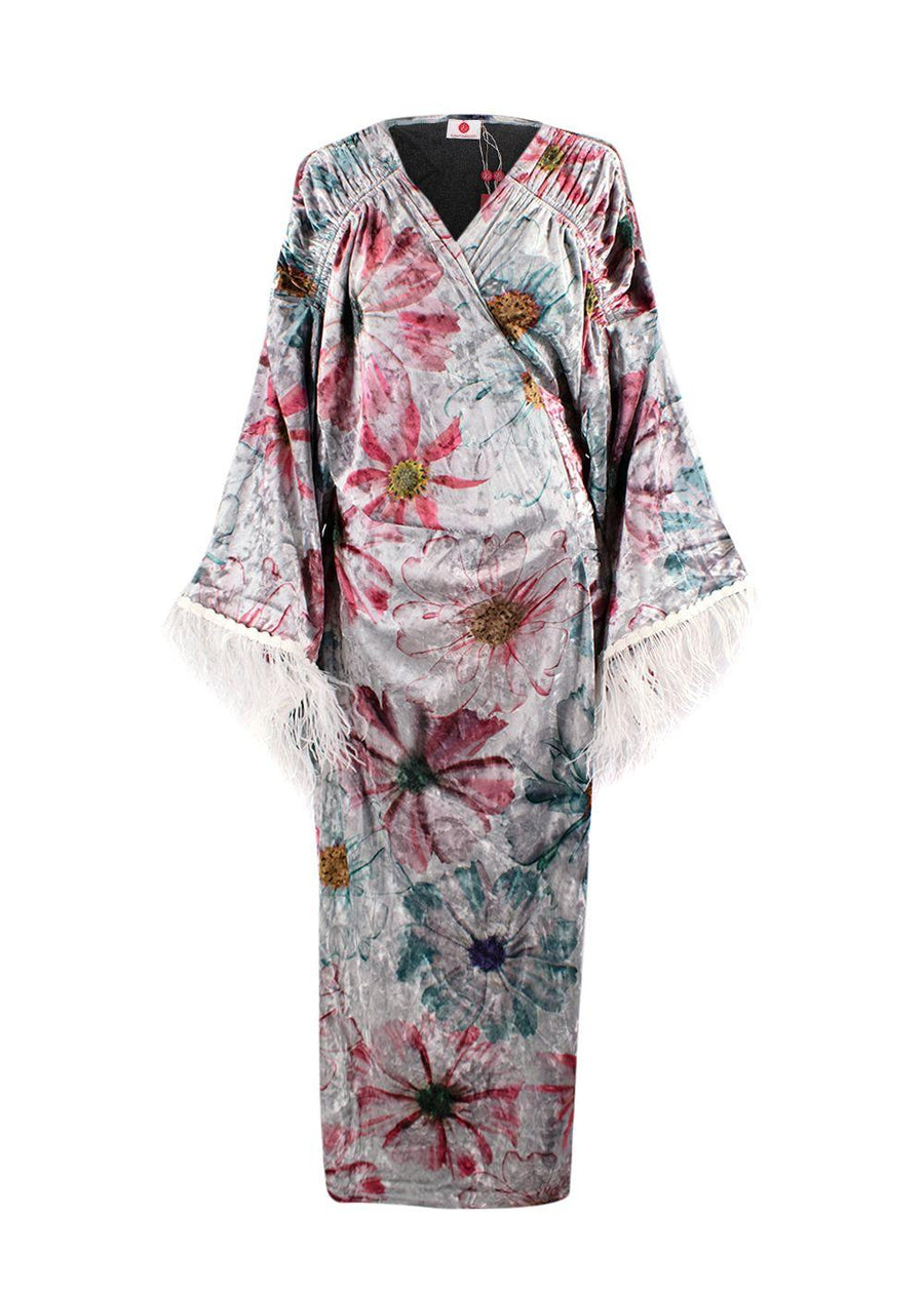Elegant Embroidery Floral Silver Crushed Velvet Wrap Kaftan with Feather Trim