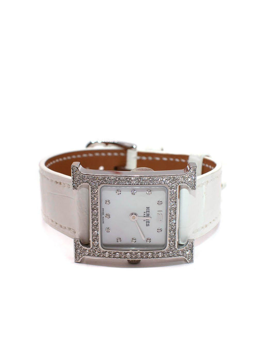 Hermès White Heure H Watch in Matte Chantilly Alligator with Diamonds