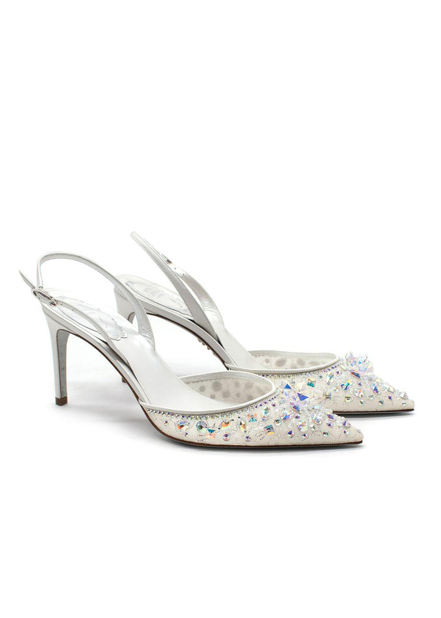 Rene Caovilla White Embellished Cinderella 75 Slingbacks