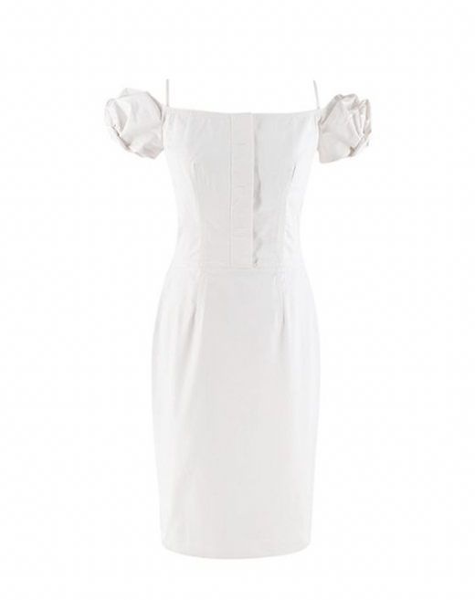 Dior Ivory Cotton Blend Midi Puff-Sleeve Dress