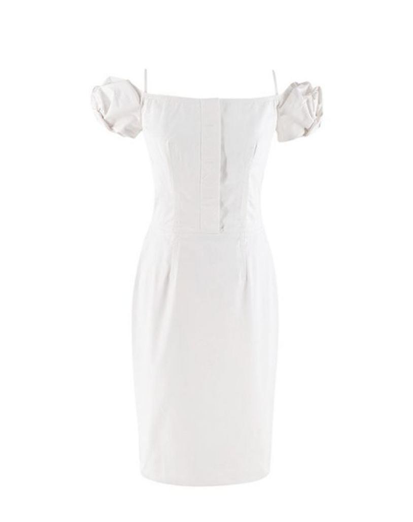 Dior Ivory Cotton Blend Midi Puff-Sleeve Dress