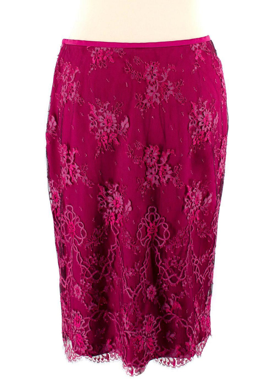 Escada Cherry Lace Mink Fur Trimmed Silk Lace Top and Skirt