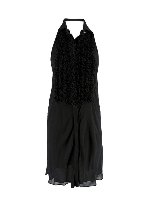 Black Ruffled Bib Silk Halterneck Dress