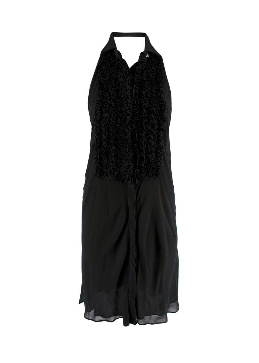 Black Ruffled Bib Silk Halterneck Dress