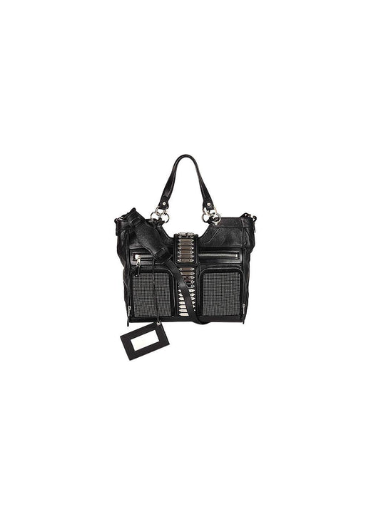 Black leather silver-tone studded tote bag