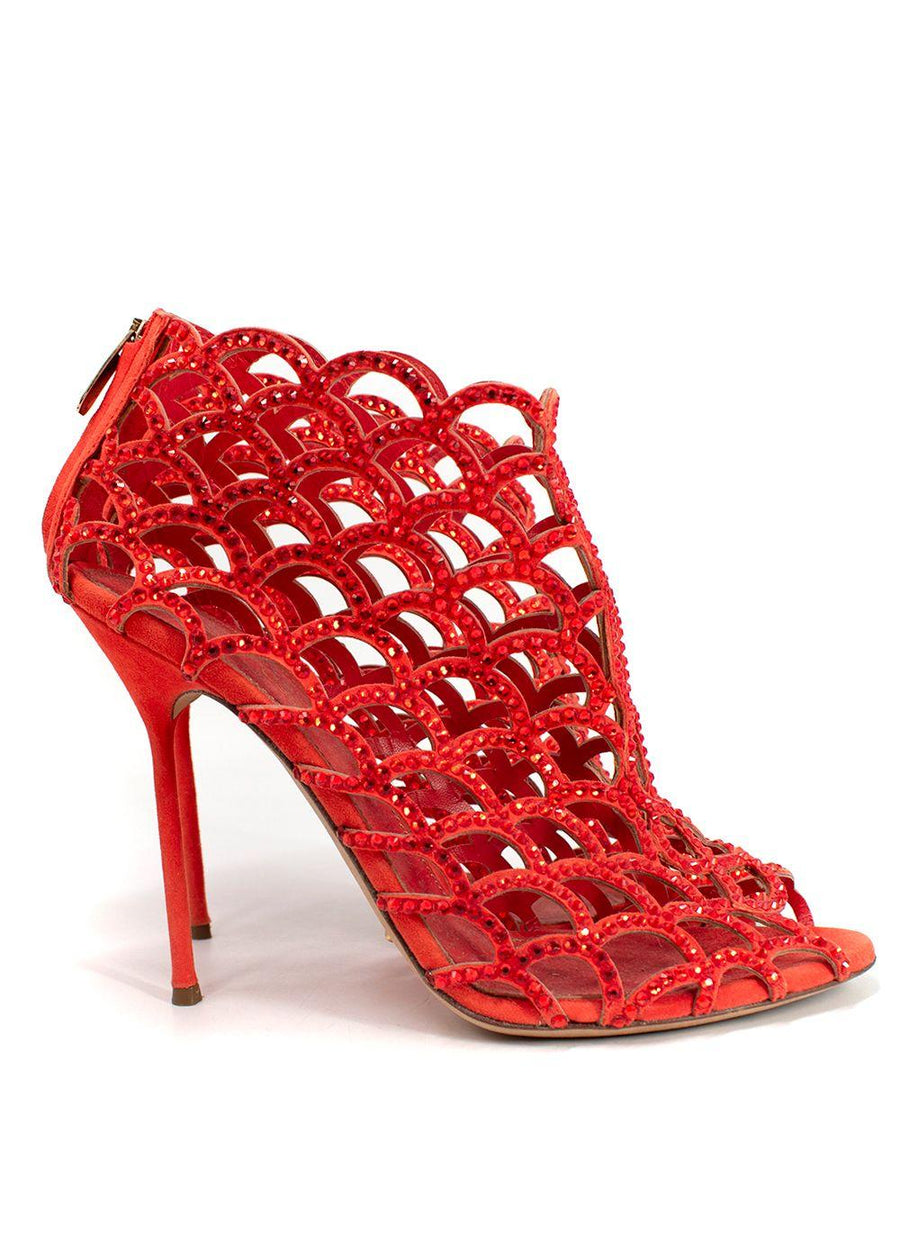 Sergio Rossi Orange Crystal Embellished Caged Heels