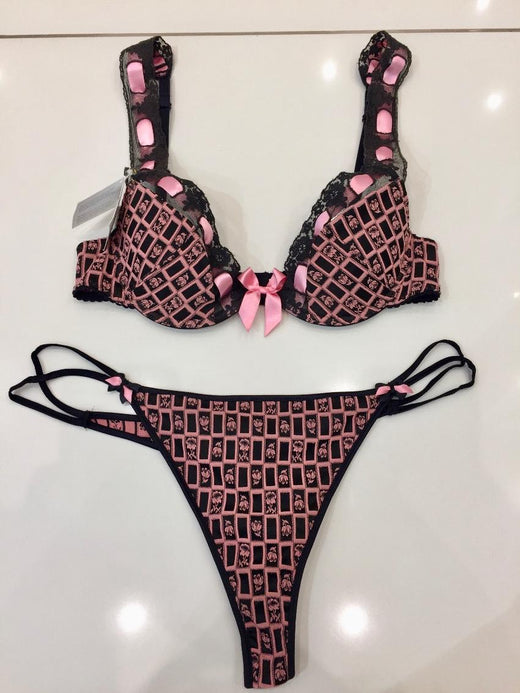 Vannina Vesperini Paris Rose & Black Plunge Bra & Thong Set