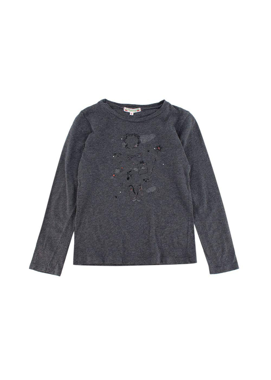 Grey Graphic Printed Long Sleeved Cotton T-Shirt