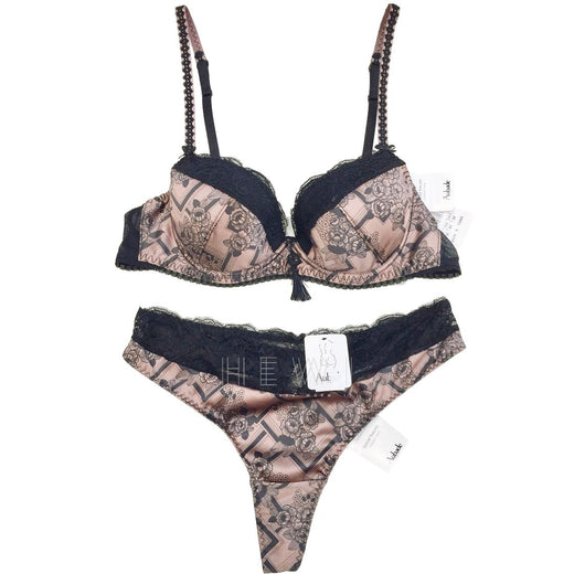 Aubade Art Deco Gatsby Print Satin Padded Plunge Bra & Tanga Set