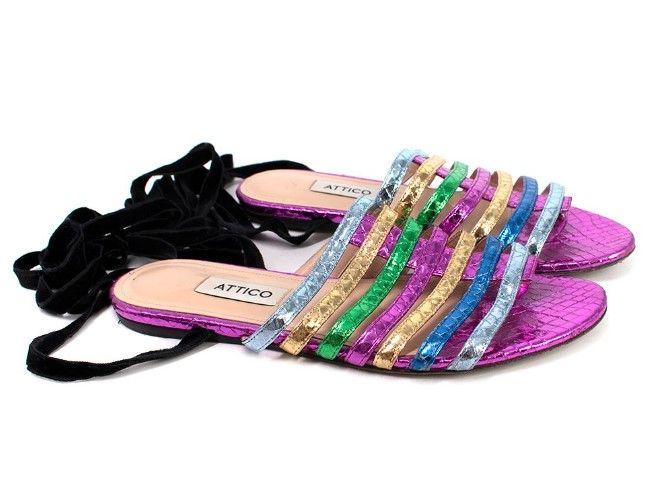 Metallic Rainbow Snake Embossed Lace-up Flat Sandals