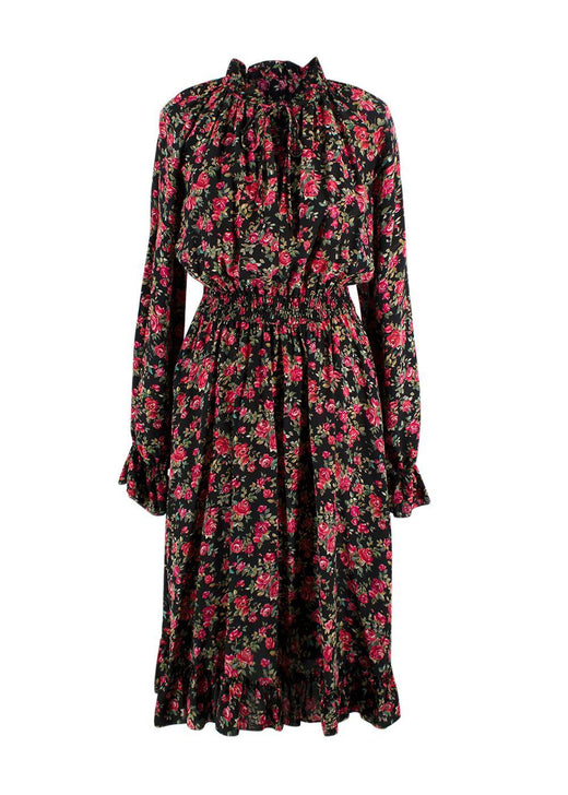 Dolce & Gabbana Black and Rose Floral Midi Silk Dress