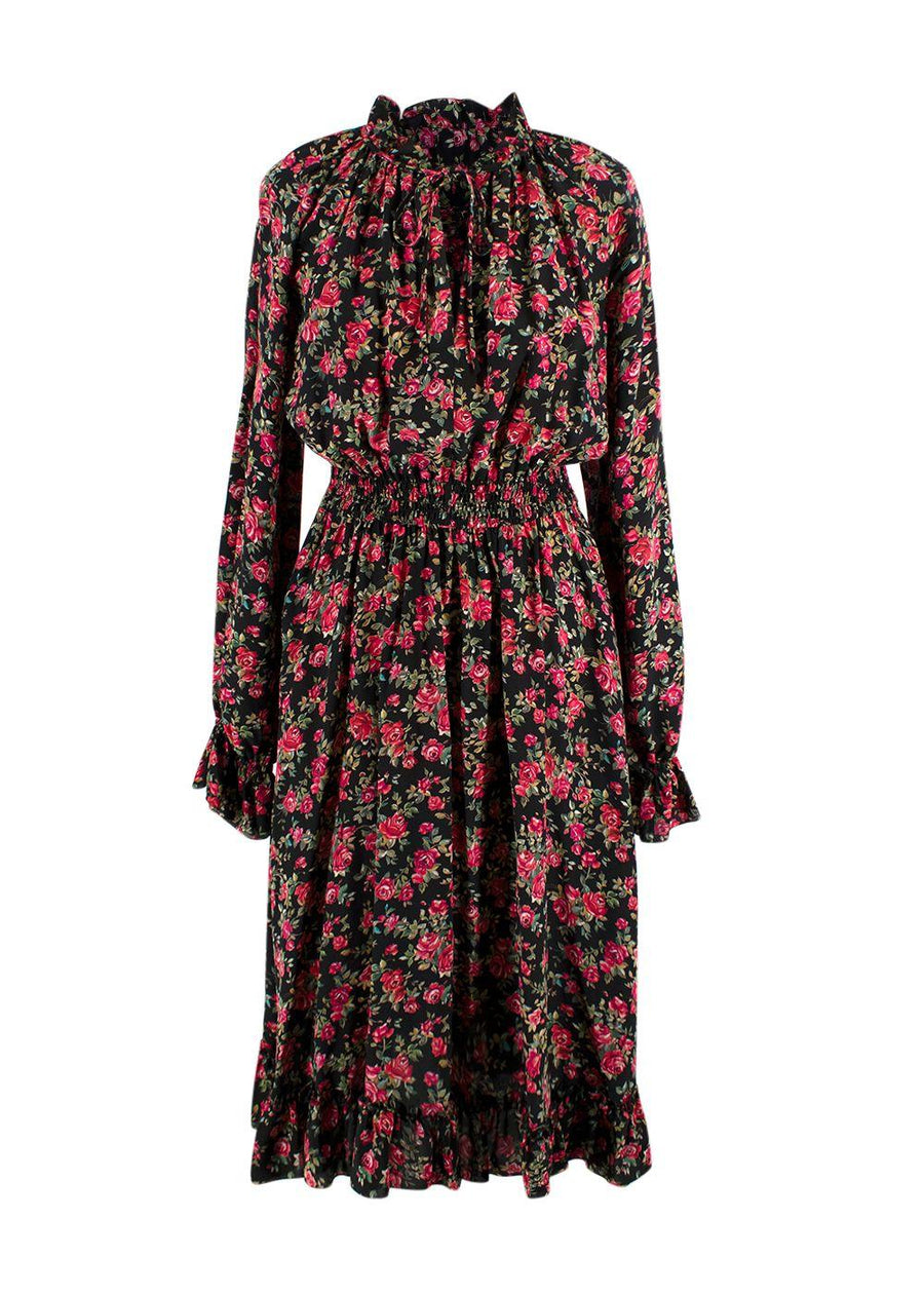 Dolce & Gabbana Black and Rose Floral Midi Silk Dress