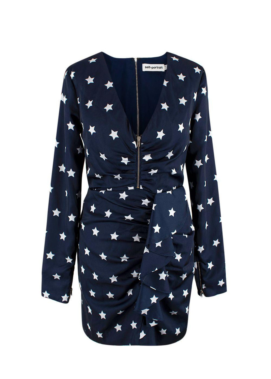 Self Portrait Navy Star Print Ruffle Mini Dress
