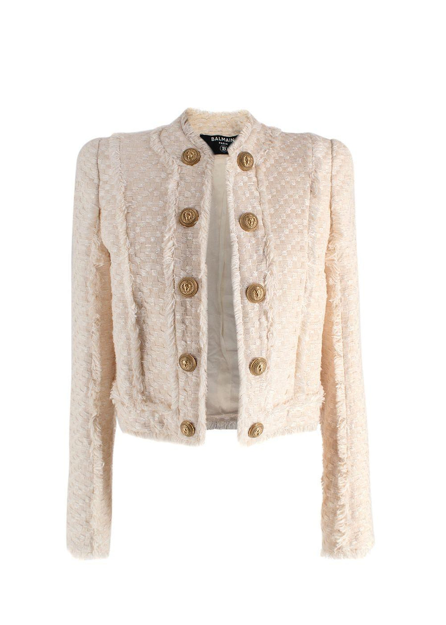 Balmain Cream Woven Open Front Jacket with Gold Button Detail