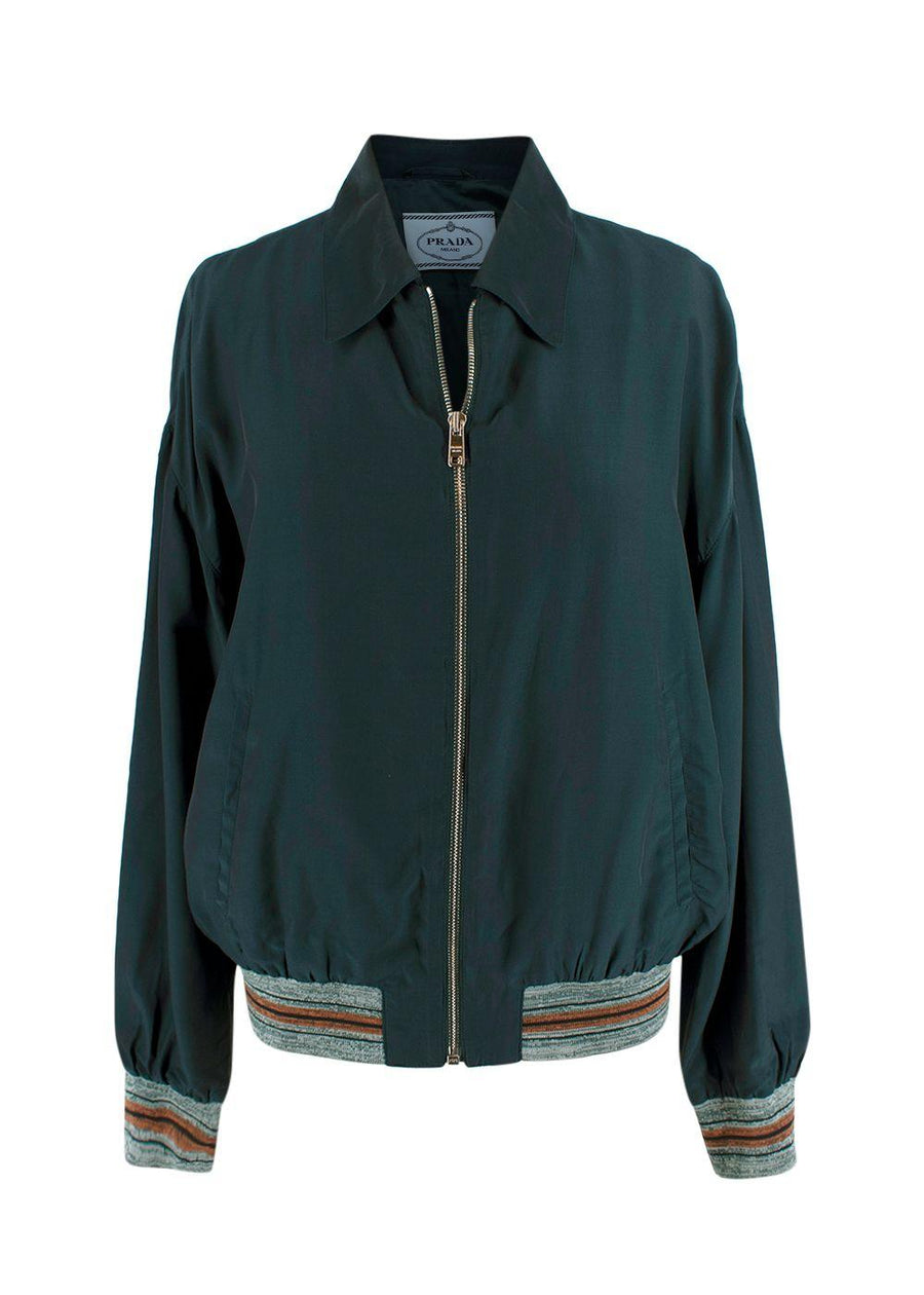 Prada Green Lightweight Bomber Jacket with Stripe Cuff Detail
