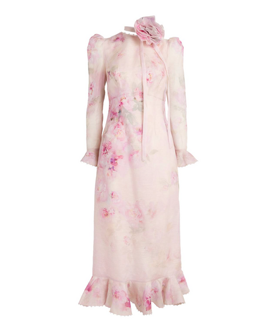 Zimmermann Linen-Silk Floral-Embellished Midi Dress