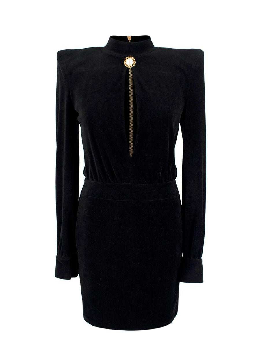 Balmain Black Velvet Cut-Out Structured Mini Dress with Pearl Embellishment