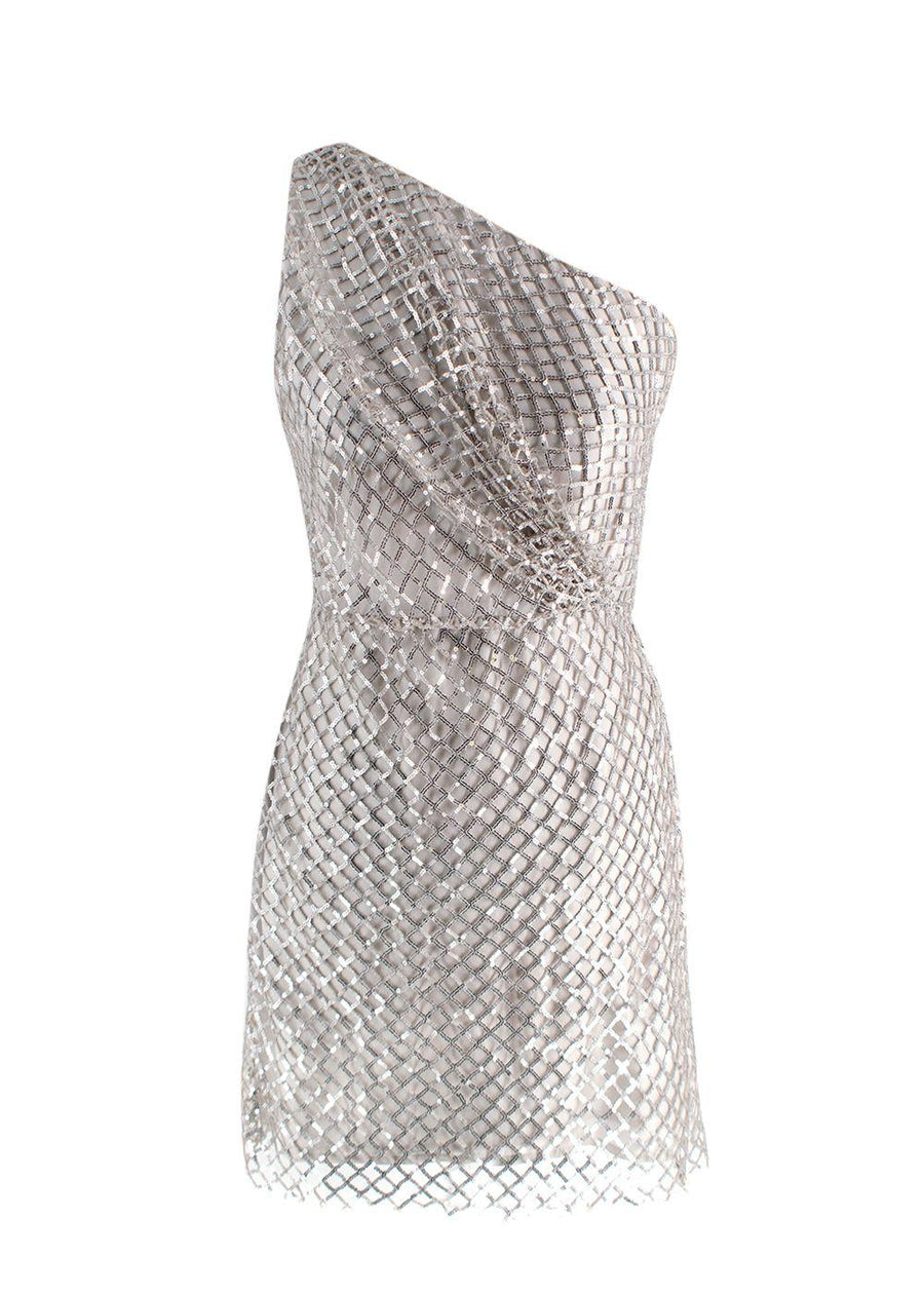 Michelle Mason Silver Sequin Mesh One-Shoulder Mini Dress