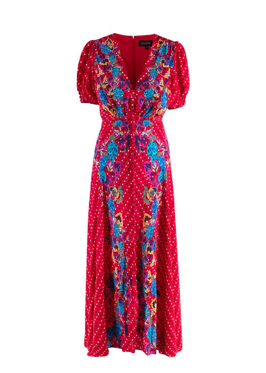 Saloni Red Polka Dot Print Silk Dress