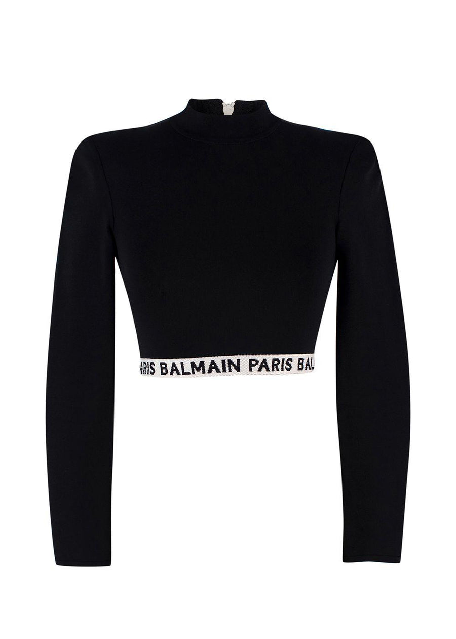 Balmain Black High Neck Cropped Logo Detail Top