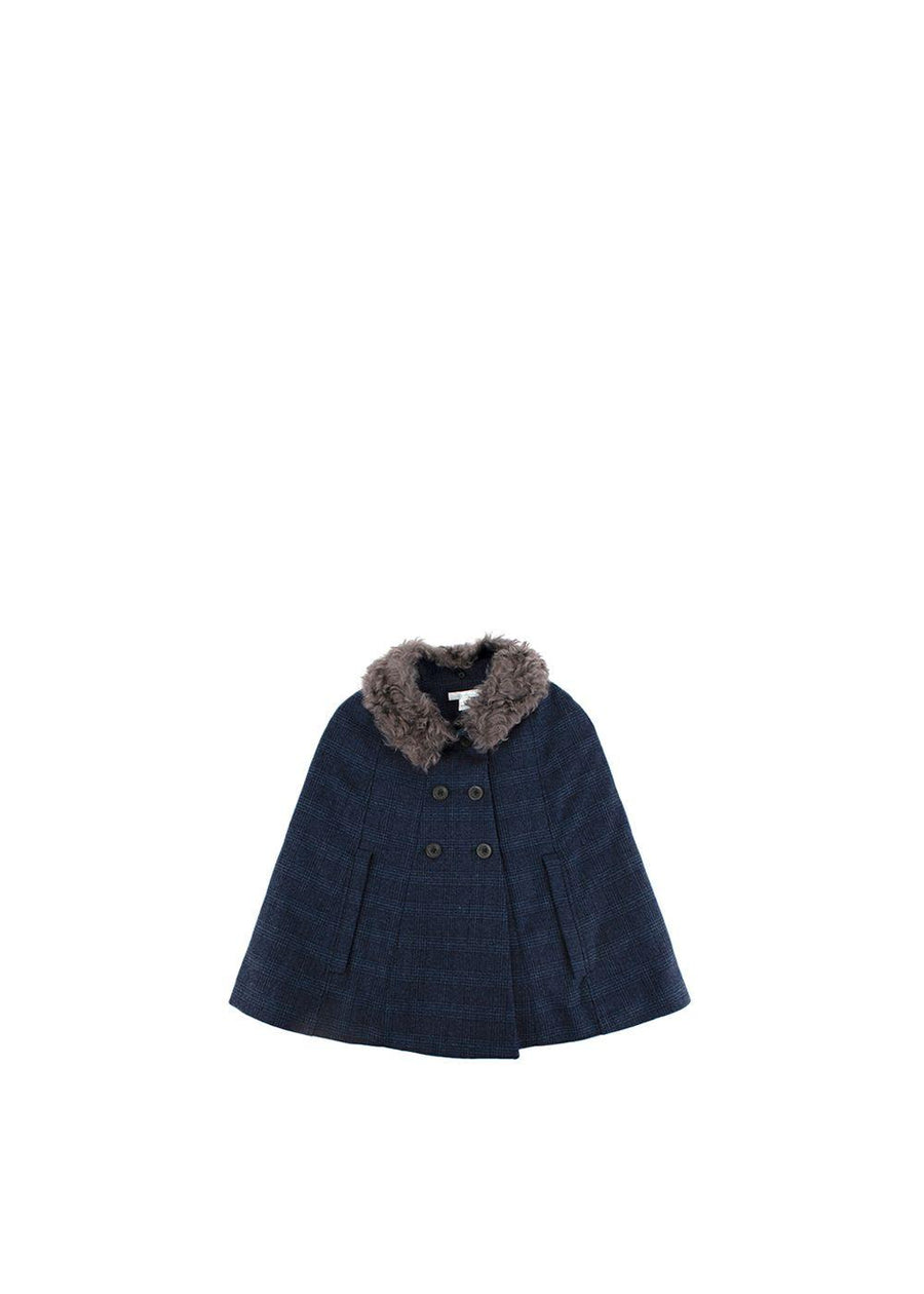 Double-Breasted Blue Checked Cape With Fur Collar