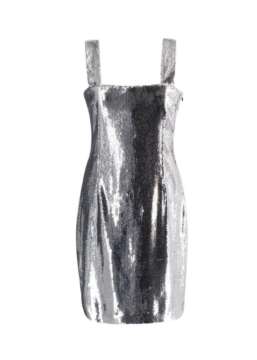 Galvan Silver Sequin Square Neckline Midi Dress