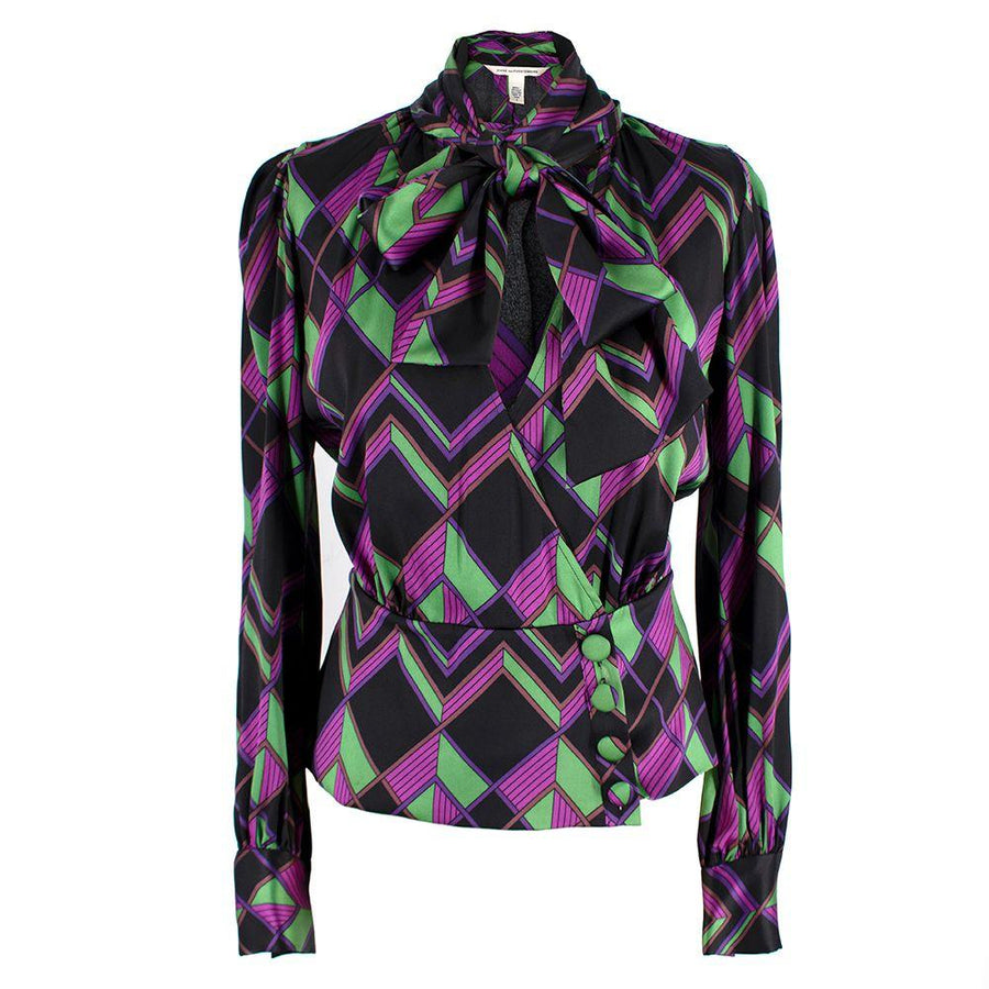Diane Von Furstenberg Purple Geometric Print Pussy-bow Silk Blouse