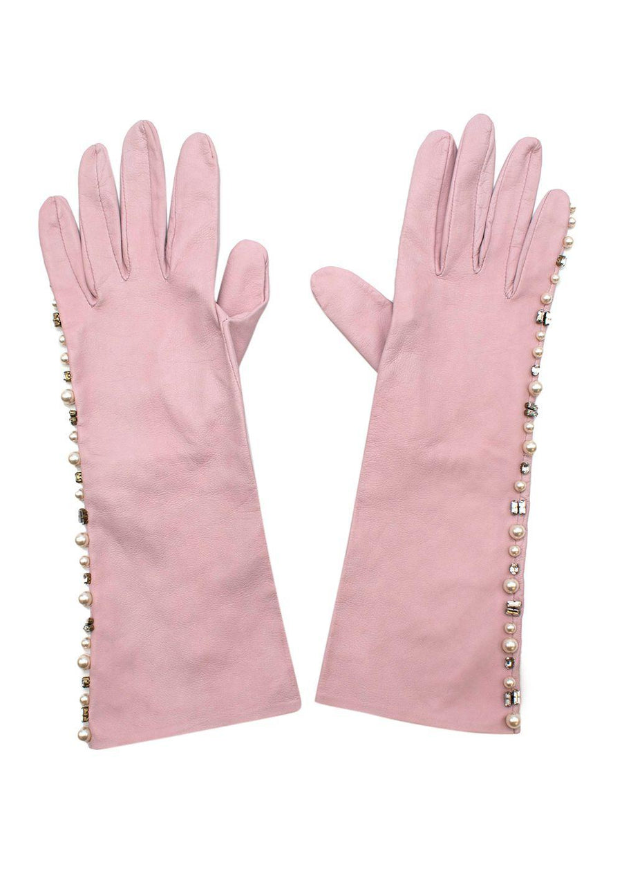 Pearl and Crystal Embellished Pink Leather Gloves