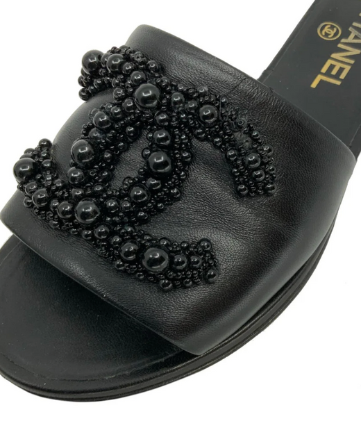 Chanel Embellished Black Slides