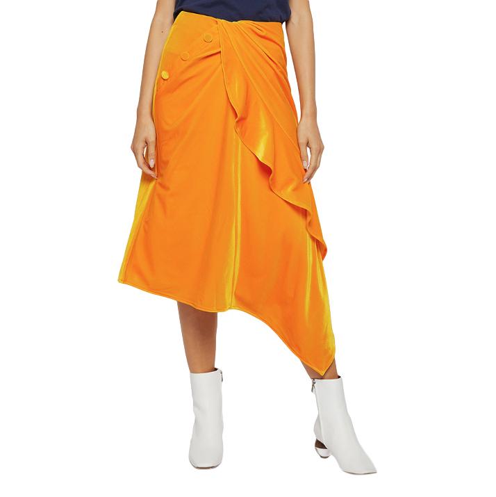 Self Portrait Yellow Velvet Ruffle Midi Skirt